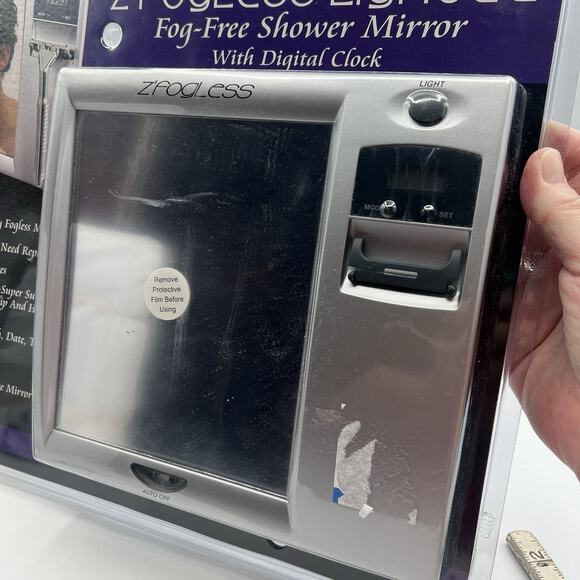 NEW Z’Fogless Fog Free Shower Mirror Lighted Clock Razor Holder Silver Gray 8x8 - Picture 4 of 8